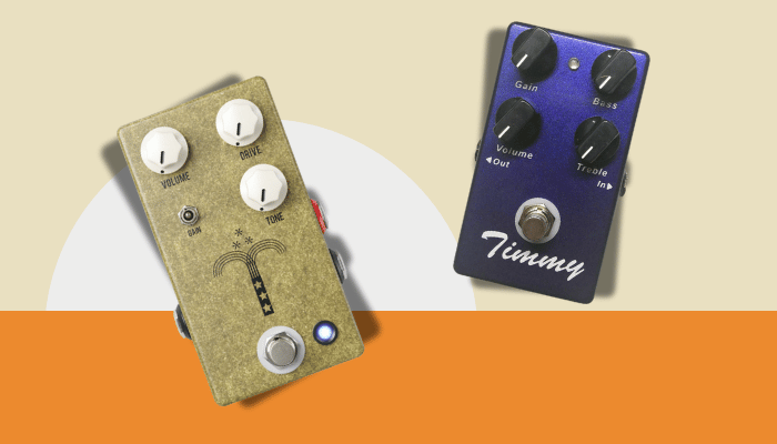 Photo of the Timmy and JHS Morning Glory overdrive pedals side by side, two popular transparent overdrives known for preserving core guitar tone.
