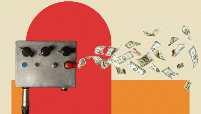 Guitar pedal with floating money representing the question: Why are guitar pedals so expensive?