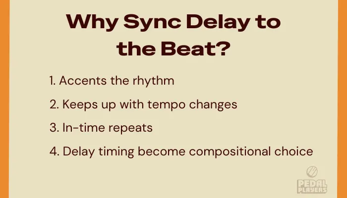 Infographic showing why syncing delay to the beat tightens up rhythmic repeats.