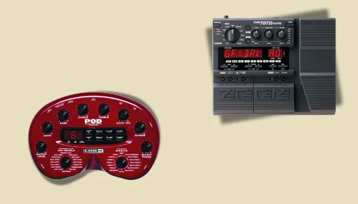 Photo of early Zoom and Line 6 multi-effects units, marking the emergence of digital guitar effects.