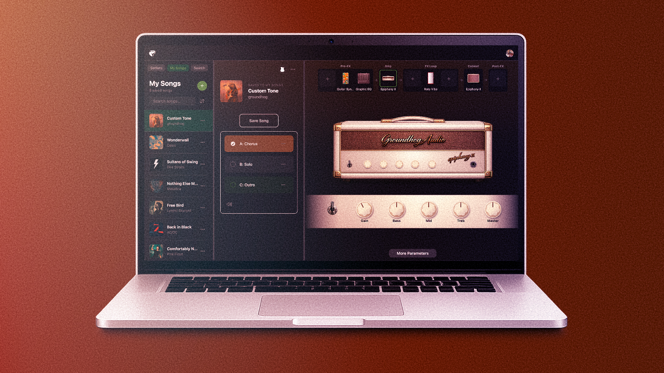 This Spotify-style search app sends a guitar tone to a pedal at a your feet.