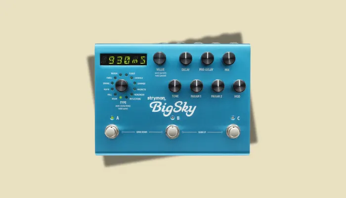 Photo of the Strymon BigSky reverb pedal, a flagship unit offering a wide range of high-quality reverb types.