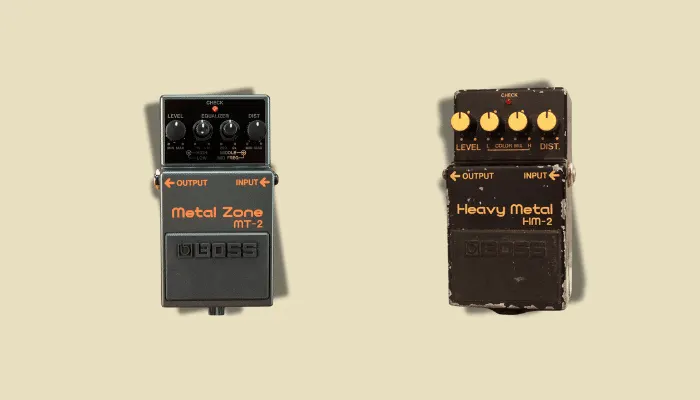 BOSS HM-2 Heavy Metal and MT-2 Metal Zone pedals — high-gain distortion effects known for their use in extreme metal genres.