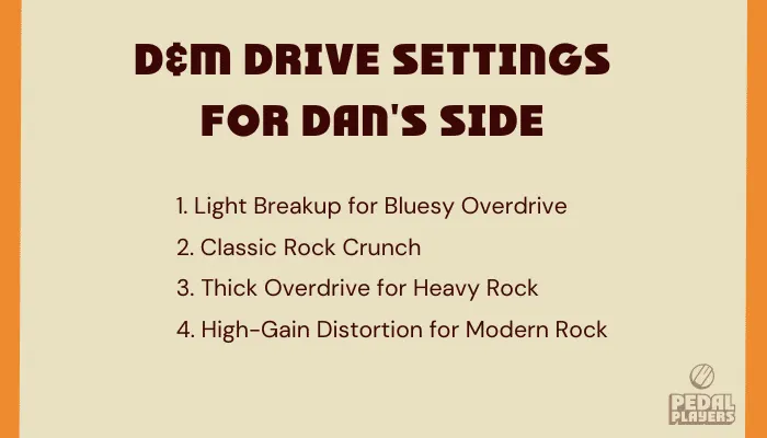 Photo of the black-knobbed Dan side of the Keeley D&M Drive pedal, used for the settings that follow.