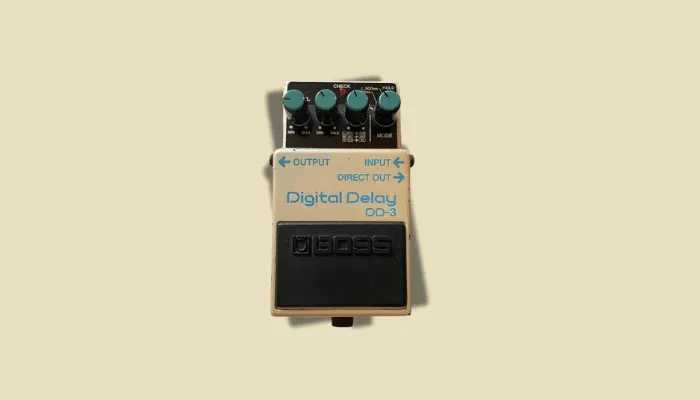 Photo of the Boss DD-3 digital delay pedal, an example of Boss's market-defining compact stompboxes.