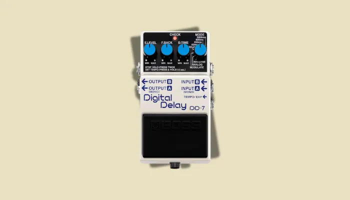 Photo of the Boss DD-7 digital delay pedal with tap tempo.