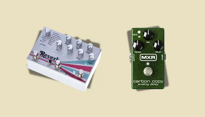 Infographic showing reverb and delay pedals used always-on to add subtle depth and space.