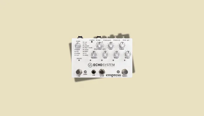 Illustration of a delay effect, showing how a pedal repeats the guitar signal to create echoes.