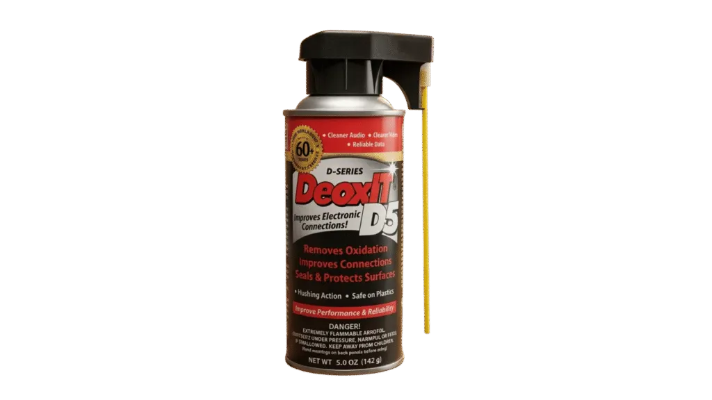 Close-up of DeoxIT D5 contact cleaner, recommended for cleaning pedal jacks, contacts and switches.