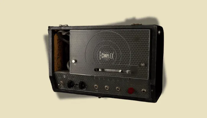 Photo of a vintage Maestro Echoplex EP-3 tape delay, prized for the singing preamp tone behind Van Halen's sound.