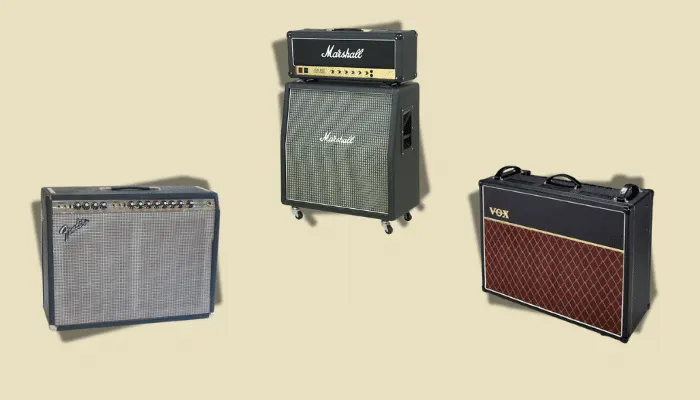 Fender Twin, Vox AC30, and Marshall JCM800 amplifiers side by side, representing different preamp voicings