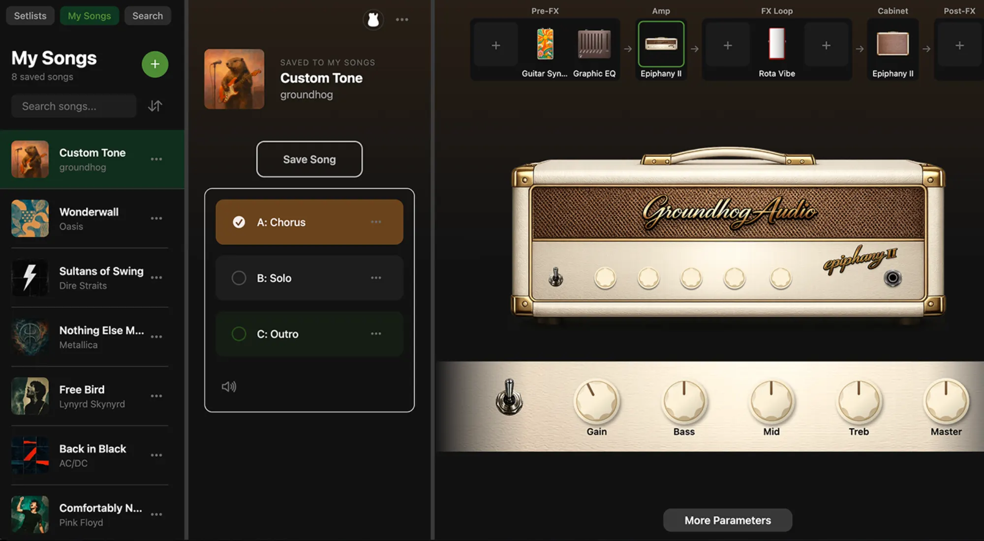 Groundhog OnePedal app showing a Spotify-style song list beside a virtual amp head with gain, bass, mid, treble and master knobs