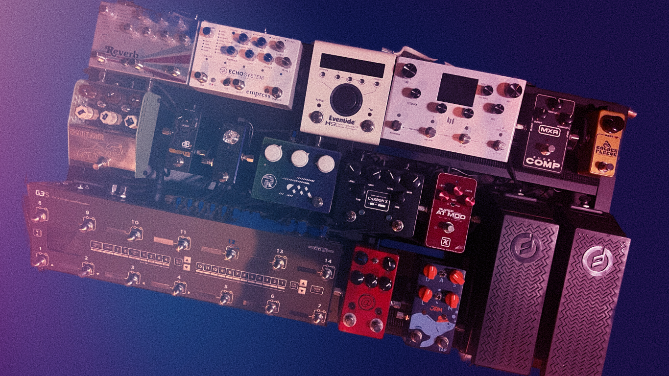 My old guitar pedalboard at its biggest, packed with rows of overdrive, modulation and delay pedals