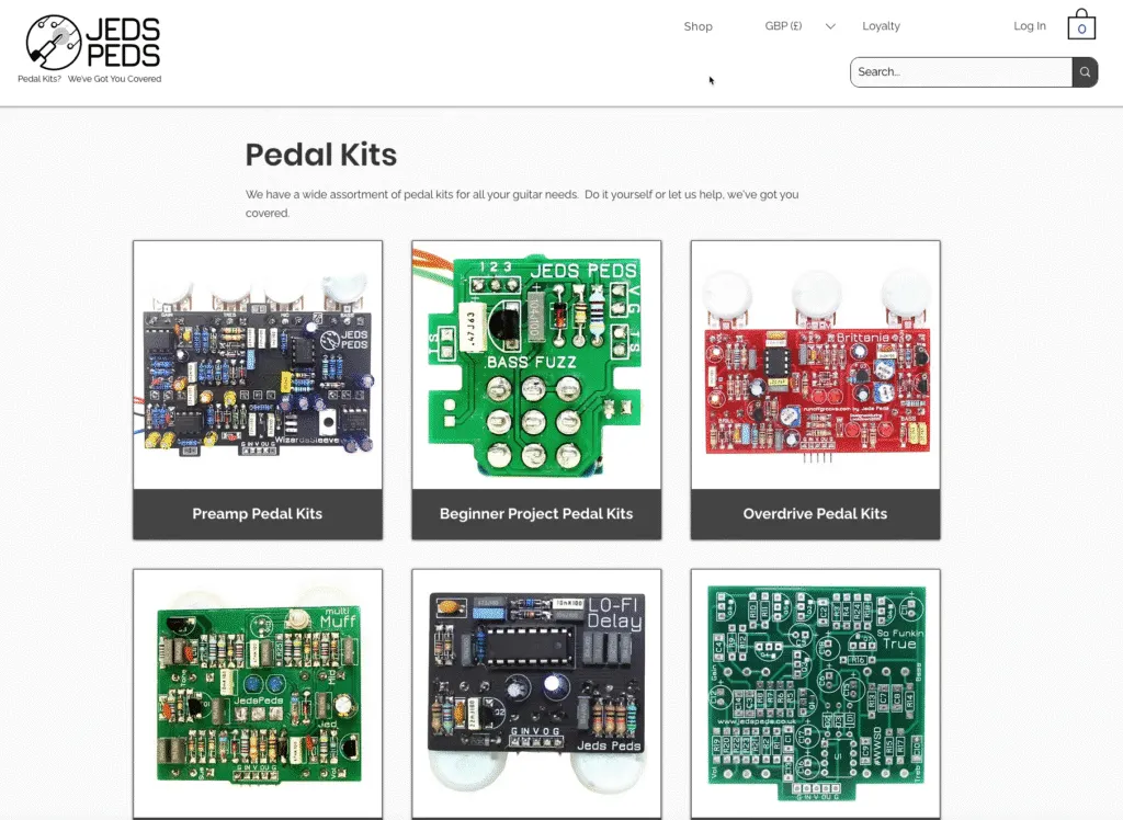 Screenshot of Jed’s Peds website showing DIY guitar effects pedal kits for sale, with prices and product images.