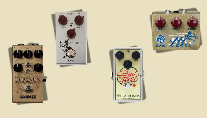Photo of several Klon clone pedals that pair well with Bluesbreaker-style drives.
