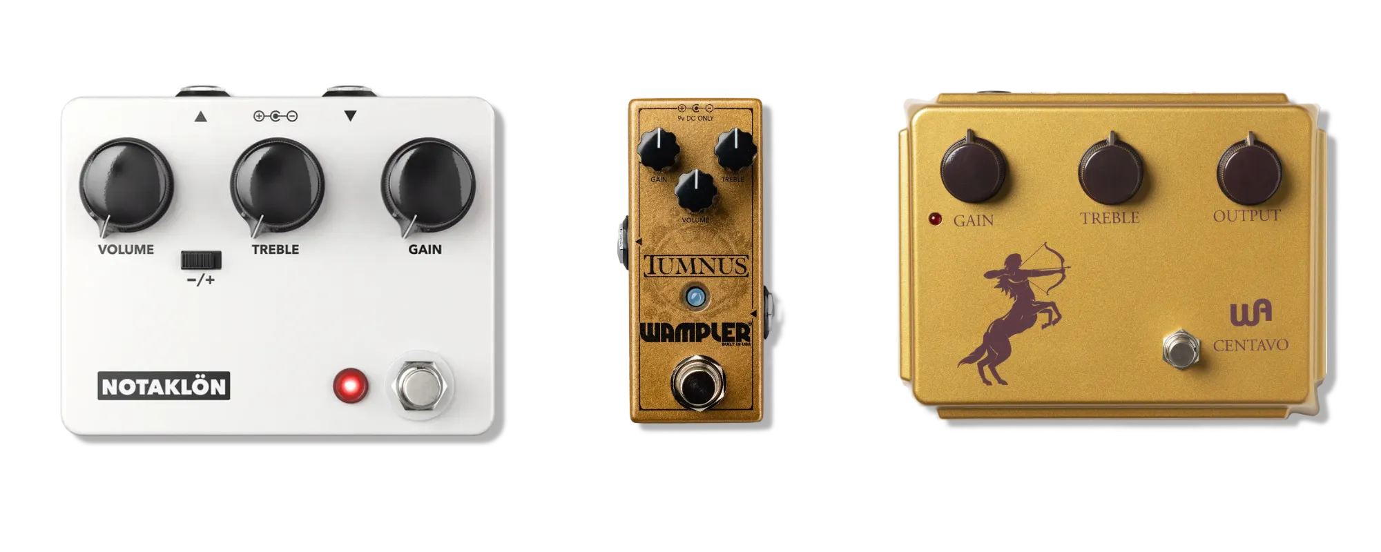 Three Klon-style overdrive pedals side by side: the white JHS Notaklön, the small Wampler Tumnus, and the gold Warm Audio Centavo