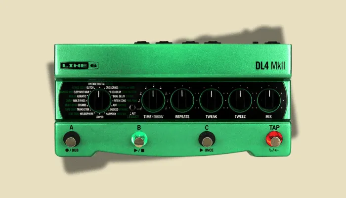 Photo of the Line 6 DL4 MkII delay pedal, offering thirty delay sounds plus reverbs and dual loopers.