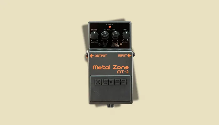 Photo of the Boss MT-2 Metal Zone, a high-gain distortion pedal favoured by metal and heavy rock players.