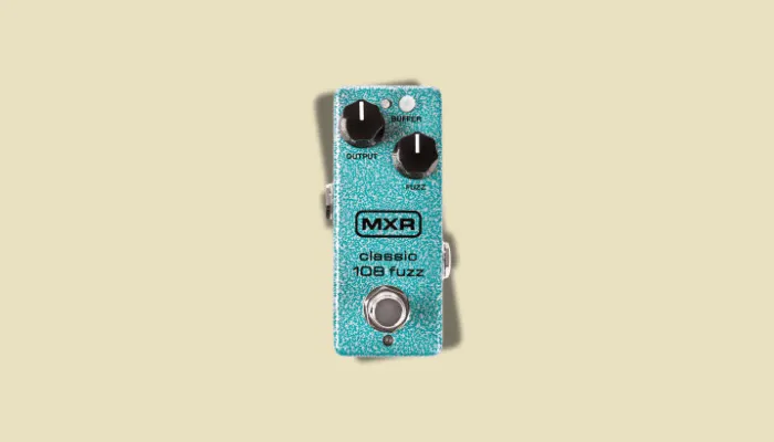 Photo of the MXR Fuzz 108 Mini, a compact silicon fuzz pedal for Hendrix-style Fuzz Face tones.