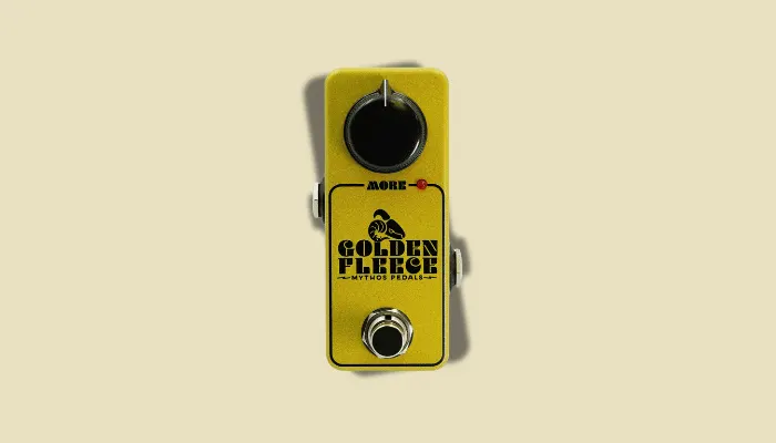 Photo of the Mythos Golden Fleece fuzz pedal, a boutique fuzz suited to smooth Hendrix-style lead tones.