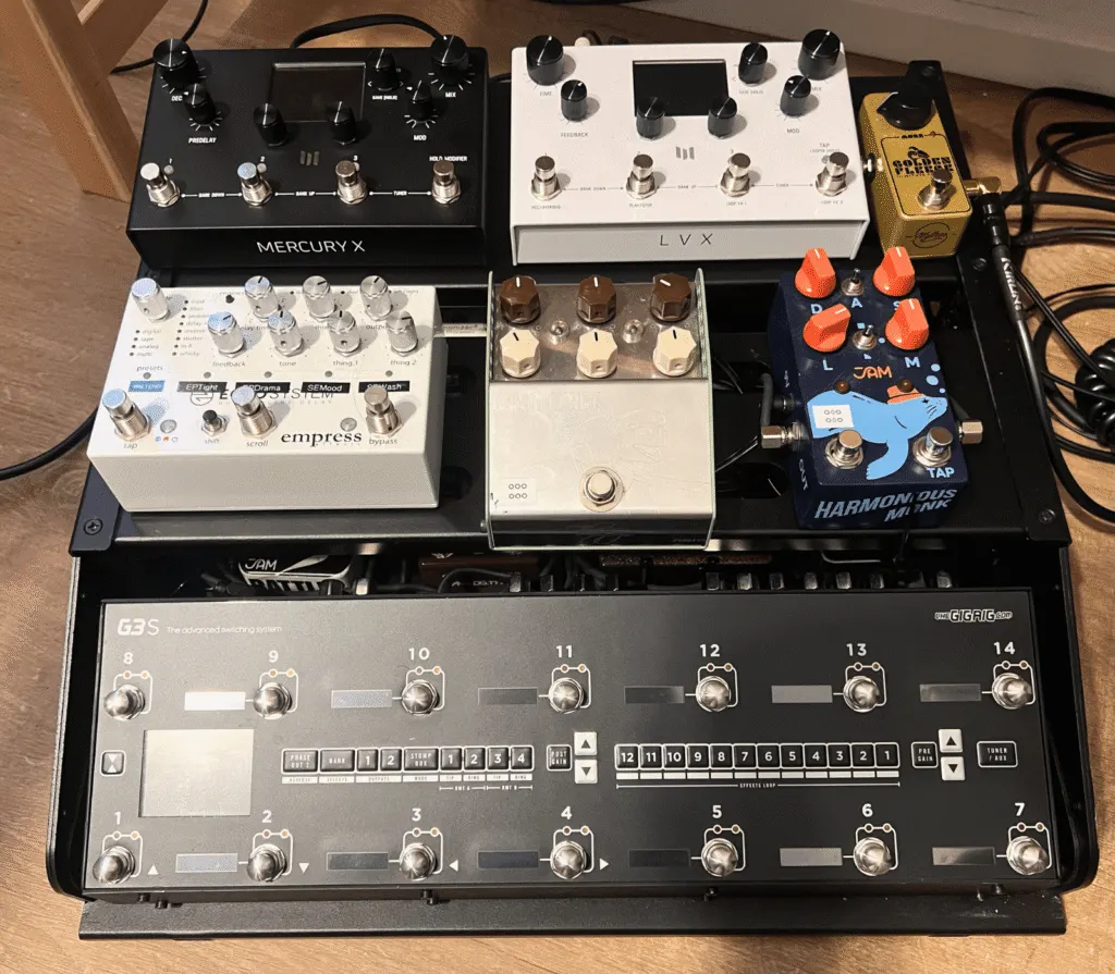 Photo of a freshly cleaned pedalboard, ready to play after a monthly cleaning routine.