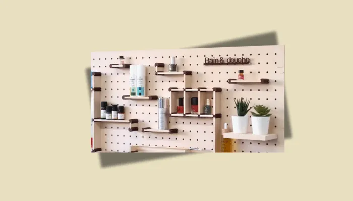 Photo of a modular pegboard system used to organise and store guitar pedals.