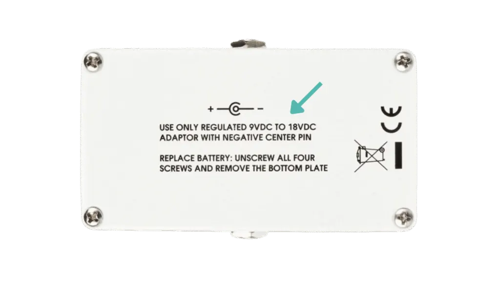 Close-up of the Xotic RC Booster power label, showing a voltage range that allows higher-voltage use.
