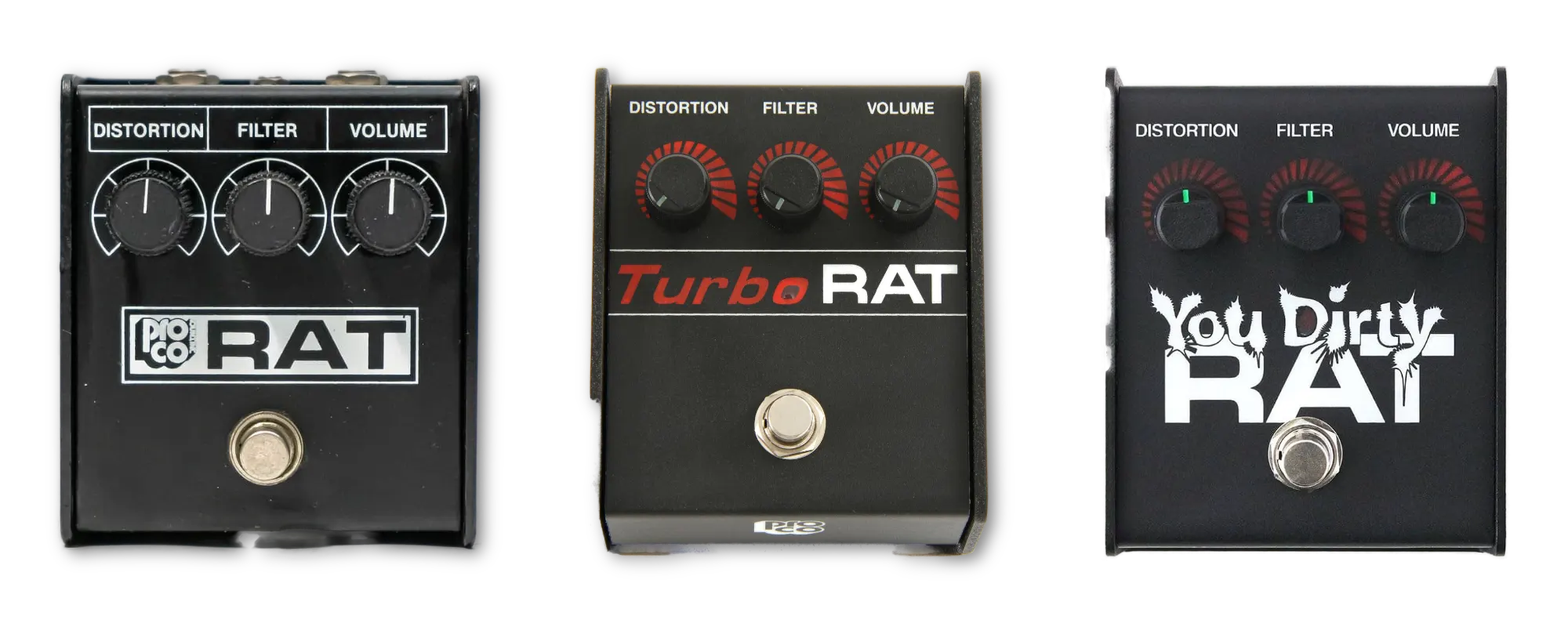 Three ProCo Rat pedals side by side — the Rat 2 on the left, the Turbo Rat in the middle and the You Dirty Rat on the right