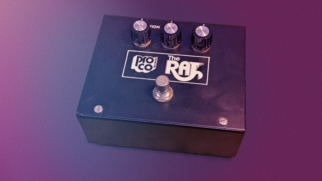 A ProCo Rat distortion pedal with its Distortion, Filter and Volume knobs.