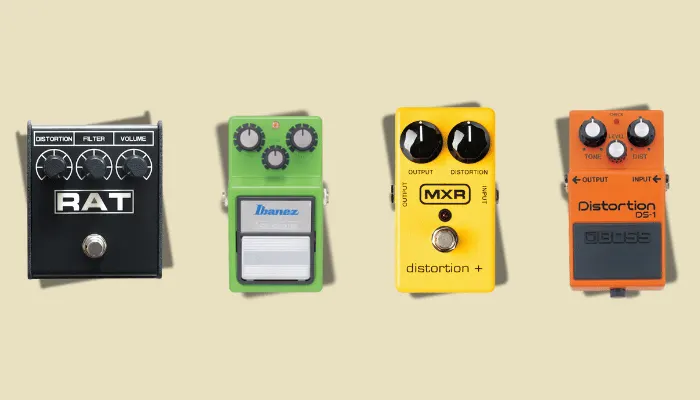 Photo of the Pro Co RAT, Boss DS-1 and Ibanez Tube Screamer, classic gain pedals of the 1970s.