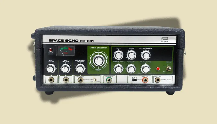 Photo of a vintage Roland Space Echo RE-201, a collectible tape echo that defined delay for generations.