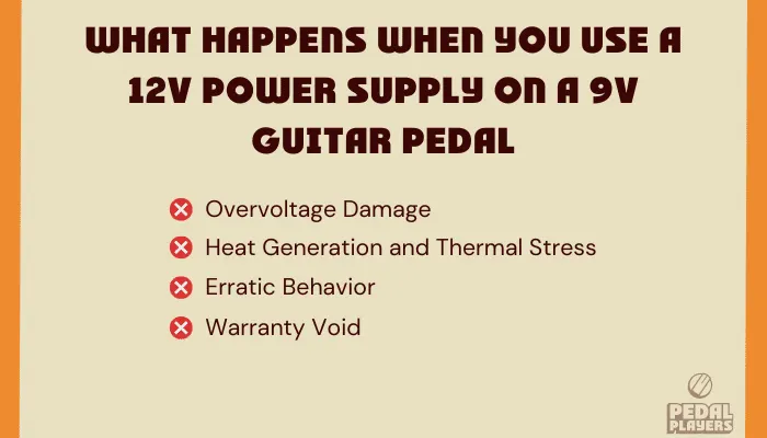 Infographic showing reasons not to use a 12V supply on a 9V pedal, including the risk of damage.