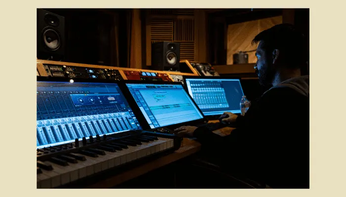 Photo of a recording studio setup, illustrating studio techniques for recording guitar delay effects.