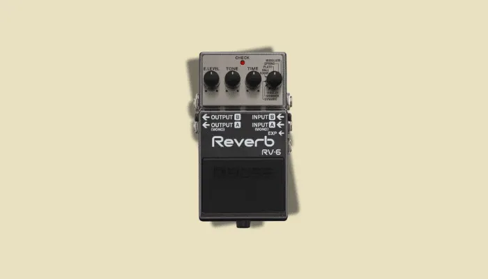 Photo of the Boss RV-6 reverb pedal, a durable unit with eight modes including room, plate, shimmer and modulate.