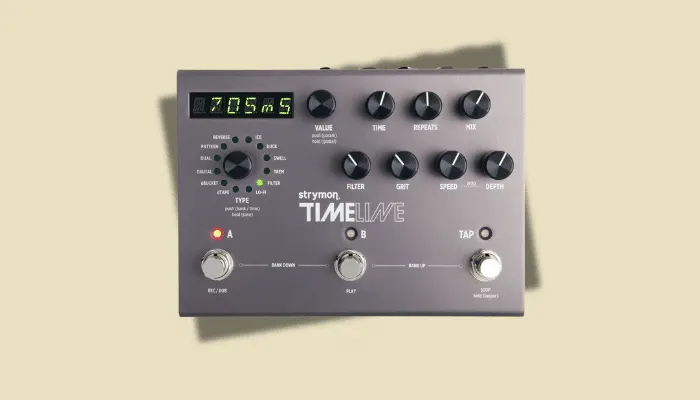 Strymon Timeline – advanced grey digital delay pedal with multiple knobs, display screen, and extensive I/O.