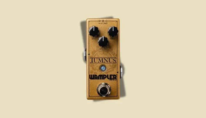 Wampler Tumnus overdrive pedal – a compact gold Klon-style pedal with three control knobs.