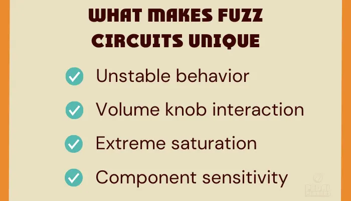 Infographic showing what makes fuzz circuits unique, including their unstable, interactive behaviour.