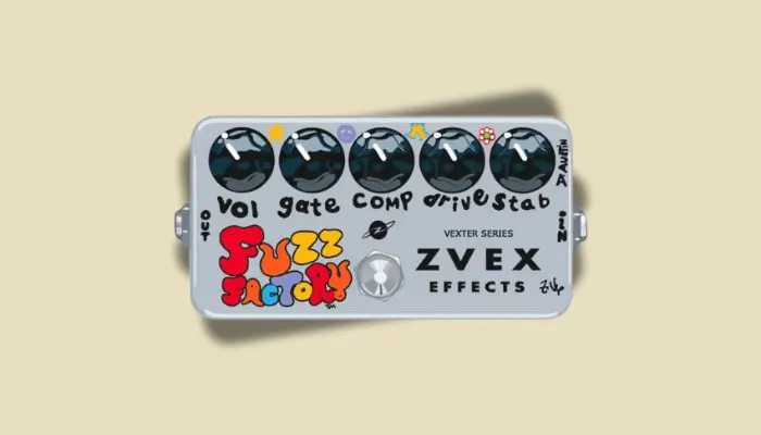 Photo of a ZVEX boutique fuzz pedal, hand-built with distinctive artwork.