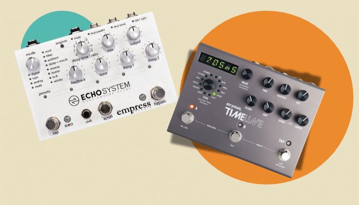 Guitar delay pedals comparison showing Empress Echosystem and Strymon Timeline delay effects pedals for professional guitarists.