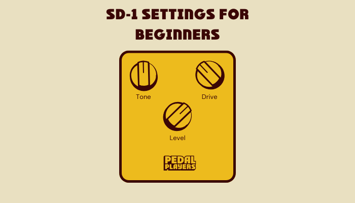 SD-1 settings for beginners diagram showing tone knob at 12 o'clock, drive knob at 10 o'clock, and level knob at 2 o'clock