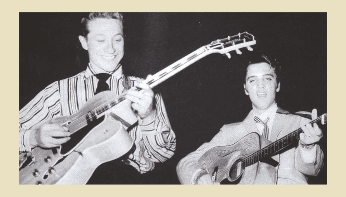 Guitar Delay Pedals: How They Work, Types & Setup Guide 12 Vintage black and white photo of Scotty Moore with electric guitar and Elvis Presley.