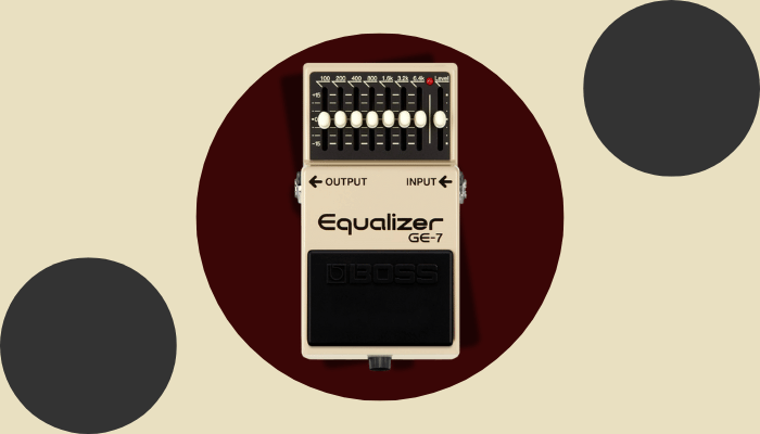 Boss GE-7 guitar EQ pedal with seven frequency sliders and input-output jacks.
