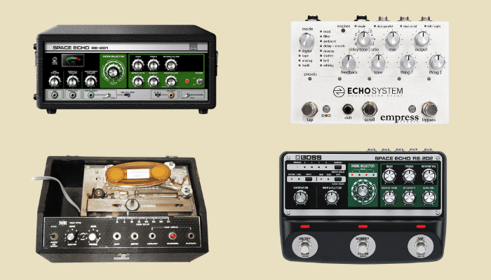 Guitar Delay Pedals: How They Work, Types & Setup Guide 9 Four tape delay units: Roland Space Echo RE-201, Echoplex EP-3, Empress Echosystem, and Boss RE-202
Rationale: