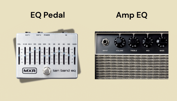 What Is an EQ Pedal? Guitar EQ Pedals Explained Simply 2 Guitar EQ pedal with sliders next to amp EQ with three control knobs.