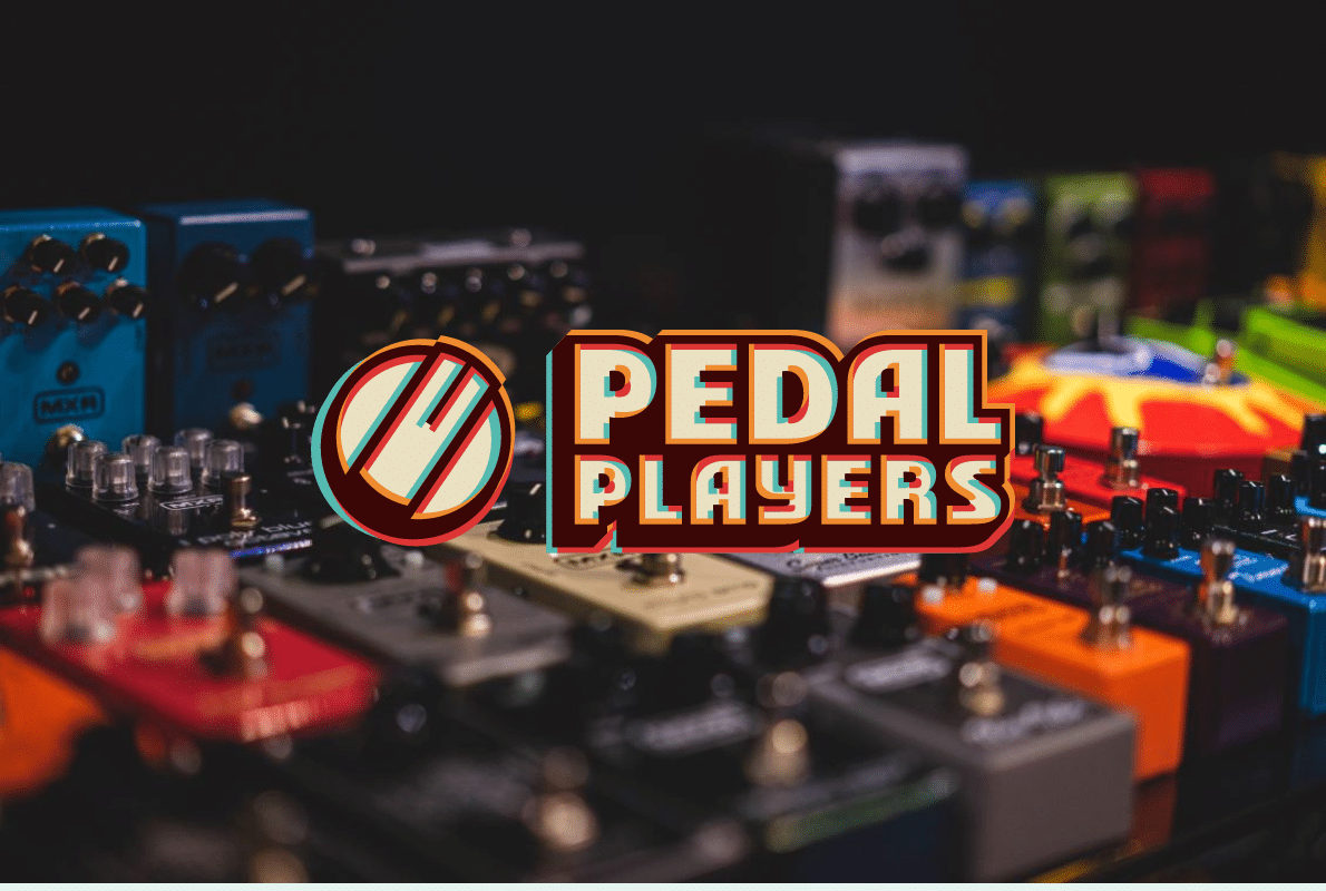 Background of guitar pedals with the Pedal Players logo, promoting the Pedal Talk newsletter.