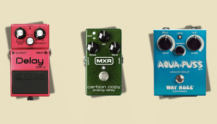Guitar Delay Pedals: How They Work, Types & Setup Guide 7 Three analog delay pedals: Boss DM-2, MXR Carbon Copy, and Way Huge Aqua Puss