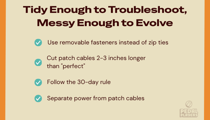 Graphic showing pedalboard wiring tips for balancing neatness and flexibility.